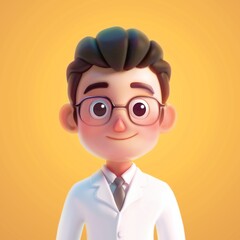 3D cartoon male doctor character. Friendly smiling Medical intern wearing white gown. 3d cartoon style illustration on white background