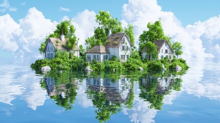 Obraz premium Surreal urban resilience illustrations of eco-houses in floating landscape environment