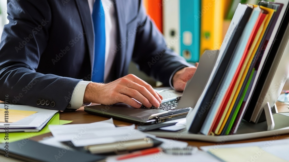 Poster a businessman using a computer for online document management and secure cloud storage systems