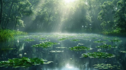 A pond with many lily pads and trees in the background