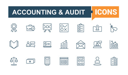 Set of Accounting and Audit line icons. Containing research, illustration, revenue, company, risk, bank and more. Simple line vector. Vector icons editable stroke.