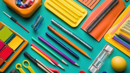 Colorful assortment of school and office supplies on a teal background.