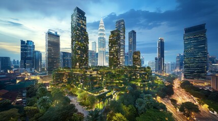 Obraz premium Sustainable Eco-Friendly City Skyline at Dusk