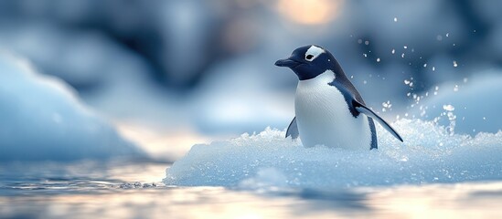 Penguin emerging from icy water, splashing.