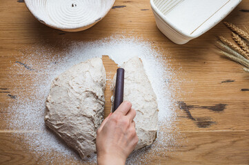 The process of dough formation before proofing. Whole grain dough is made on sourdough