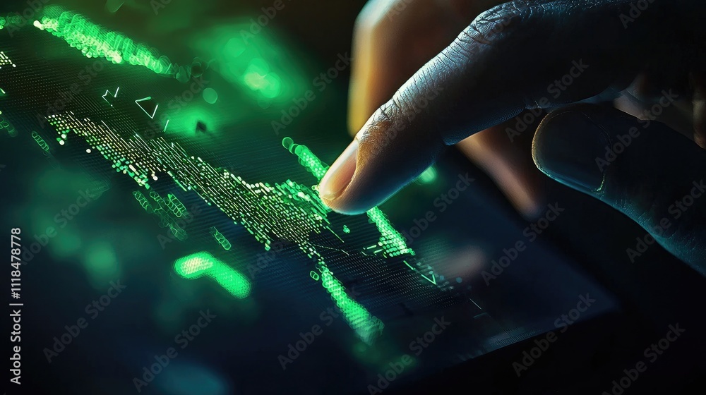 Poster finger touching digital screen with data visualization and graphs