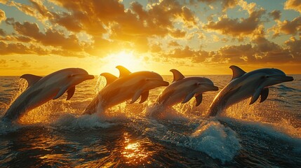 Fototapeta premium A group of dolphins jumping out of the water at sunset