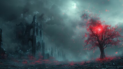 A desolate landscape with a large red tree in the foreground