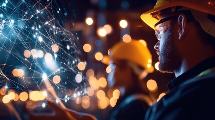Engineer Using Digital Device with Network Connections in Background