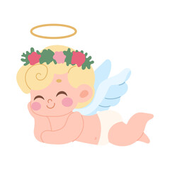 A baby angel is laying down with a flower crown on its head. The angel is smiling and he is very happy