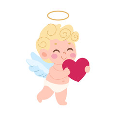 A cartoon angel holding a red heart. The angel is wearing wings and is smiling. The heart is in the middle of the image