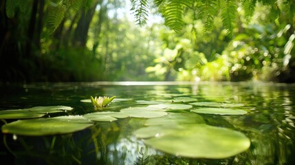 Fototapeta premium Tranquil Water Lily on Serene Pond Surrounded by Lush Greenery