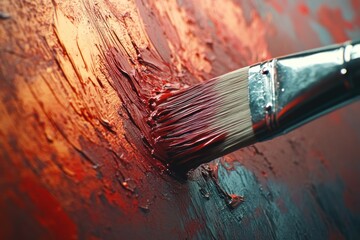 Fototapeta premium Close-up of paintbrush applying red paint to textured canvas.