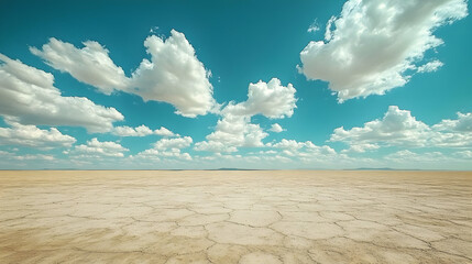 Fototapeta premium Dried Up Desert Landscape with Blue Sky and Fluffy Clouds - Realistic Image