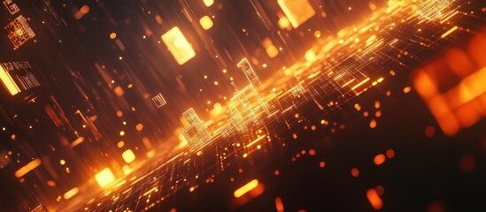 Obraz premium Abstract digital cityscape with glowing orange lines and particles.
