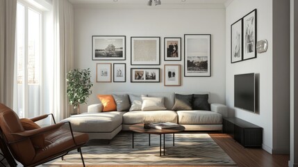 Fototapeta premium Modern living room with sectional sofa, gallery wall, and armchair.