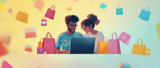 Seamless Online Shopping Experience pastel illustration of a young couple browsing products on a sleek laptop