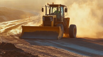 Bulldozer operating on dusty construction site at sunset.