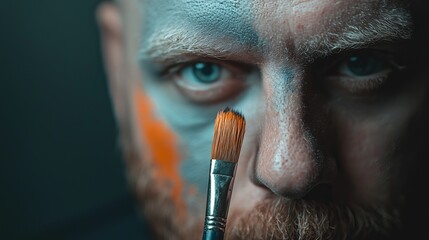Close-up of a man's face with paint, holding a paintbrush. Moody, artistic portrait.