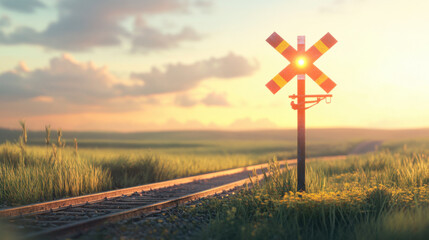 Obraz premium Serene Sunset Over Peaceful Railroad Crossing with a Vibrant Signal Light Illuminating the Path in a Lush Green Landscape