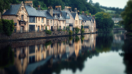 Fototapeta premium Charming riverside houses reflecting on calm water, creating serene atmosphere
