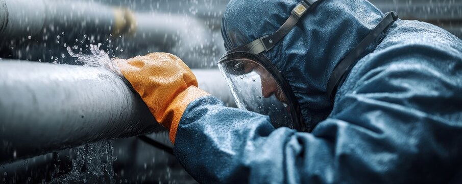 Emergency plumbing repair scene urban setting action shot indoor environment