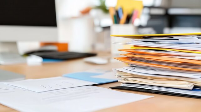 A neat stack of office papers organized on a wooden desk amid a modern office environment, suggesting thoroughness, organization, and productivity.