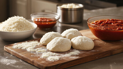 Fototapeta premium Freshly Prepared Pizza Dough and Toppings on a Wooden Board in a Cozy Kitchen Setting with Tomato Sauce and Cheese Ready for Homemade Cooking