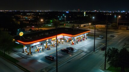 A nighttime view of a gas station illuminated against a city skyline.