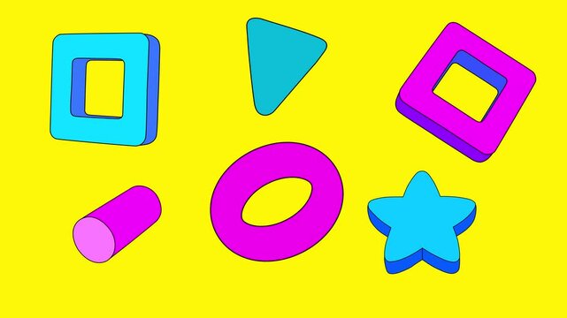 Loop rotating animation of colorful 3D geometry shapes. Cube, conus, cylinder, torus, star on a transparent alpha channel