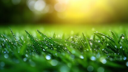 Close-up of dew drops on vibrant green grass at sunrise.