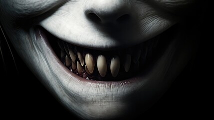 Naklejka premium The creepy grin of an evil creature. A sinister smile. Grim image of a scary undead creature.