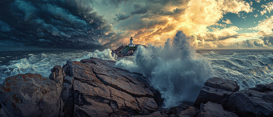 Fototapeta premium dramatic seascape featuring lighthouse amidst crashing waves and stormy skies. powerful ocean waves collide with rocky shores, creating