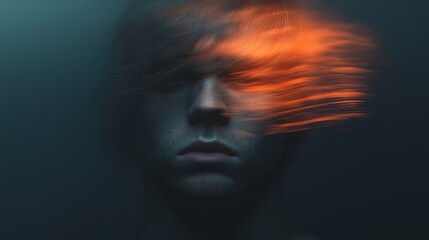 A young man's face is partially obscured by streaks of fiery orange light, creating a dramatic and mysterious effect.
