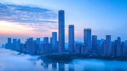 Fototapeta premium Sunrise Cityscape Over Misty River