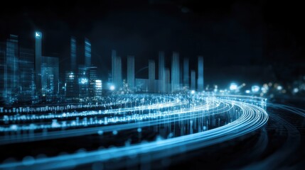 Abstract Digital Cityscape with Glowing Lights and Streams of Data