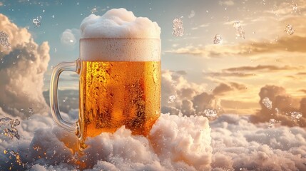 A beer mug filled with golden ale and foam, placed on a cotton-like cloud floating in a dreamy sky, perfect for a creative beverage concept.