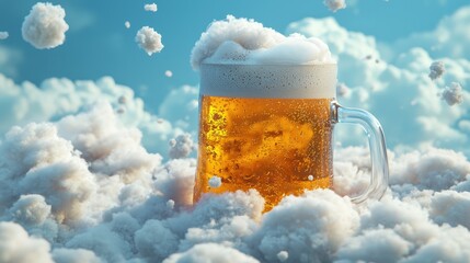 A beer mug filled with golden ale and foam, placed on a cotton-like cloud floating in a dreamy sky, perfect for a creative beverage concept.