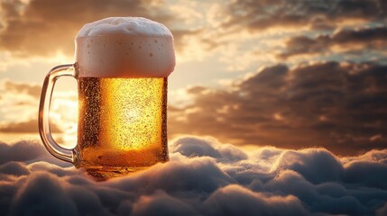 A beer mug overflowing with foam, glowing golden atop a soft, misty cloud with dramatic lighting, perfect for an imaginative beer advertisement.