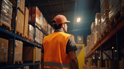 Obraz premium Man in uniform working in a large warehouse with a lot of goods. Rows of shelves with boxes. Logistics. Inventory control, order fulfillment or space optimization. Illustration for advertising.