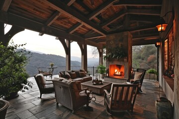 Fototapeta premium Backyard Oasis: Covered Patio with Fireplace, Luxury Furniture, and Stunning Views