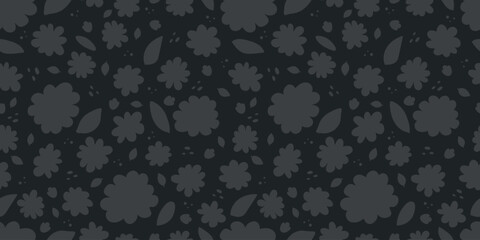 Stylish floral monochrome seamless pattern. Minimalist dark pattern with silhouettes of flowers and leaves