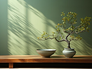 Serene Bonsai Arrangement on Wooden Table