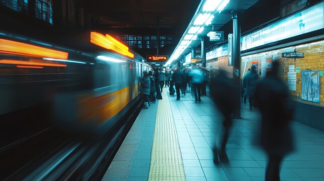 Blurred commuters at night subway station platform.