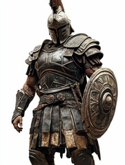 Fototapeta premium Armored warrior, shield, helmet, ancient combat.