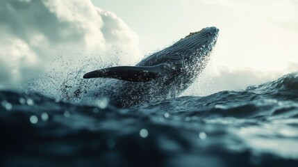 Fototapeta premium Humpback whale breaching ocean surface.