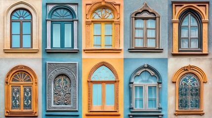 Fototapeta premium Colorful facade featuring various decorative windows and designs.