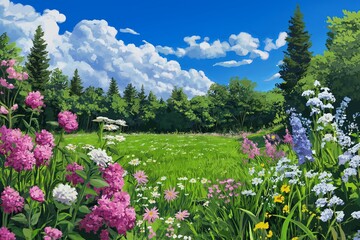 Fototapeta premium A lush green meadow with wildflowers blooming under a vibrant blue sky