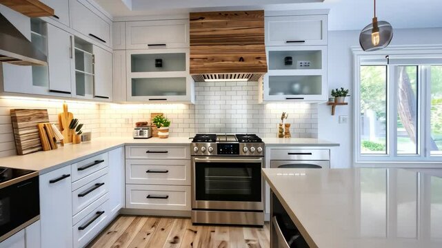 Modern Farmhouse Kitchen Design: White Cabinets, Wood Accents, and Stainless Steel Appliances