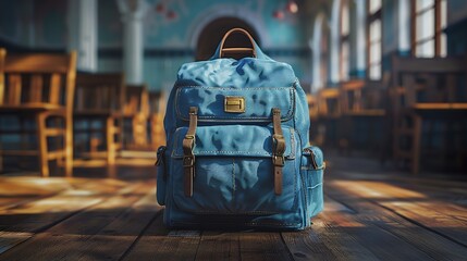 Bright blue school bag on a classroom floor bathed in morning sunlight. Concept: School, Backpacks.